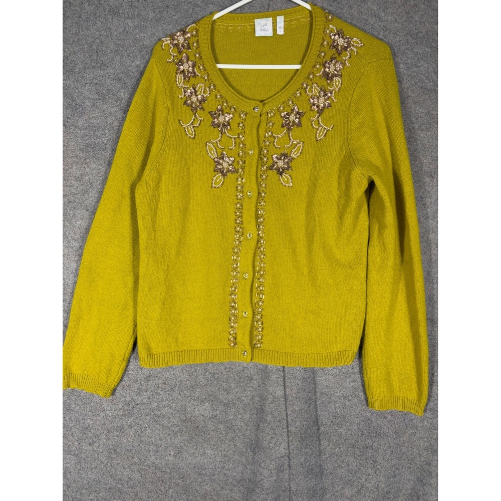 J. Jill Chartreuse Green Angora Blend Beaded Floral Cardigan Sweater Large